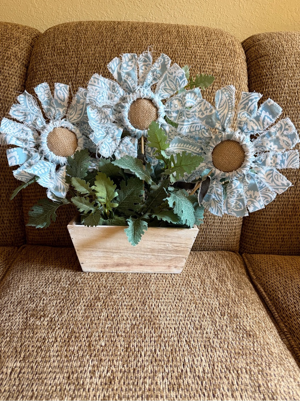 Blue Paisley Fabric Sunflower Arrangement in Wood Planter - Picture 2 of 11